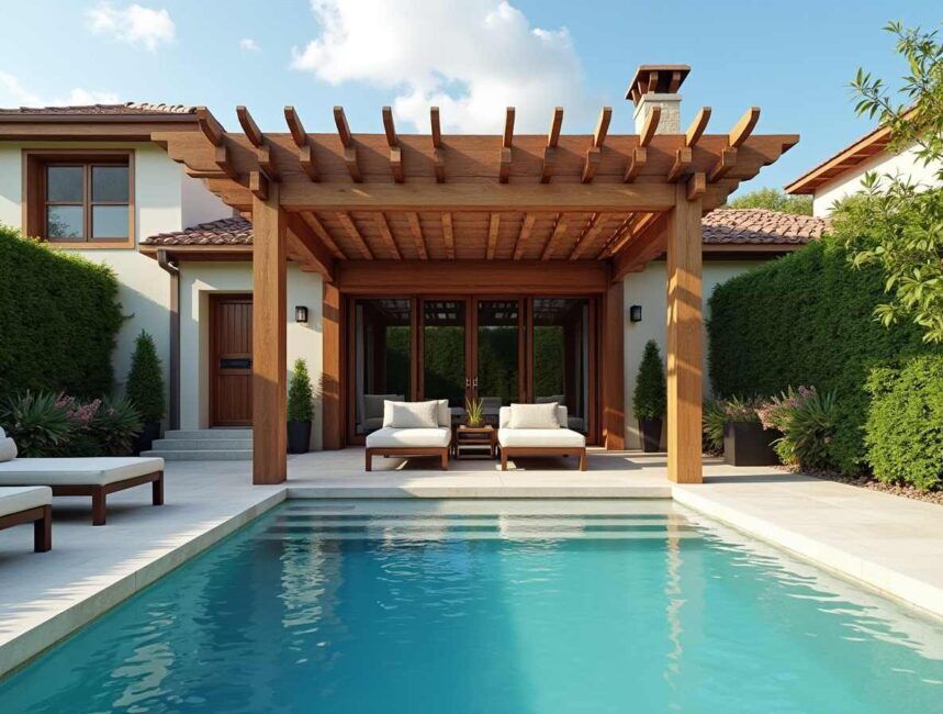 Качествени дърводелски услуги - дървена пергола с басейн и зона за отдих, изработена от масивна дървесина с луксозен дизайн