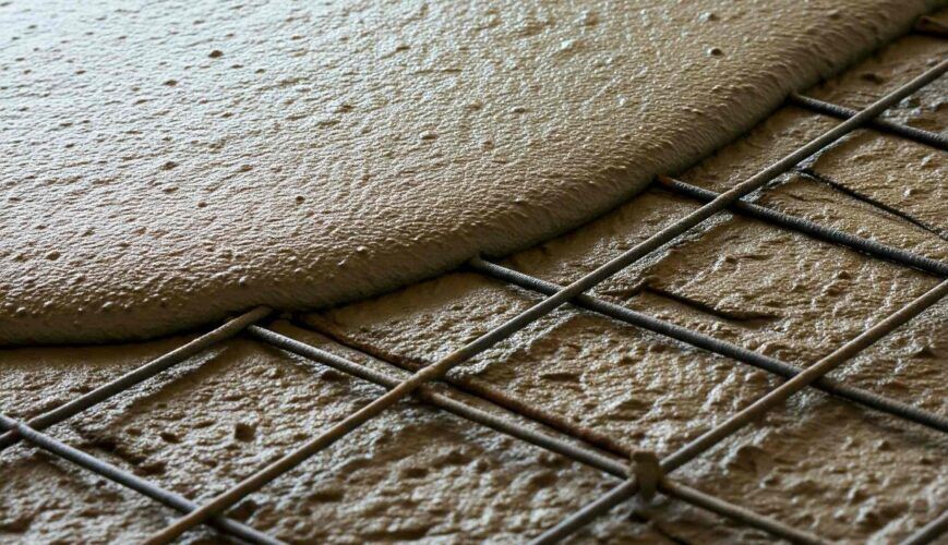 Детайл от полагане на армирана циментова замазка Полагане на замазки - Момент от полагане на армирана подова замазка с видима арматурна скара.