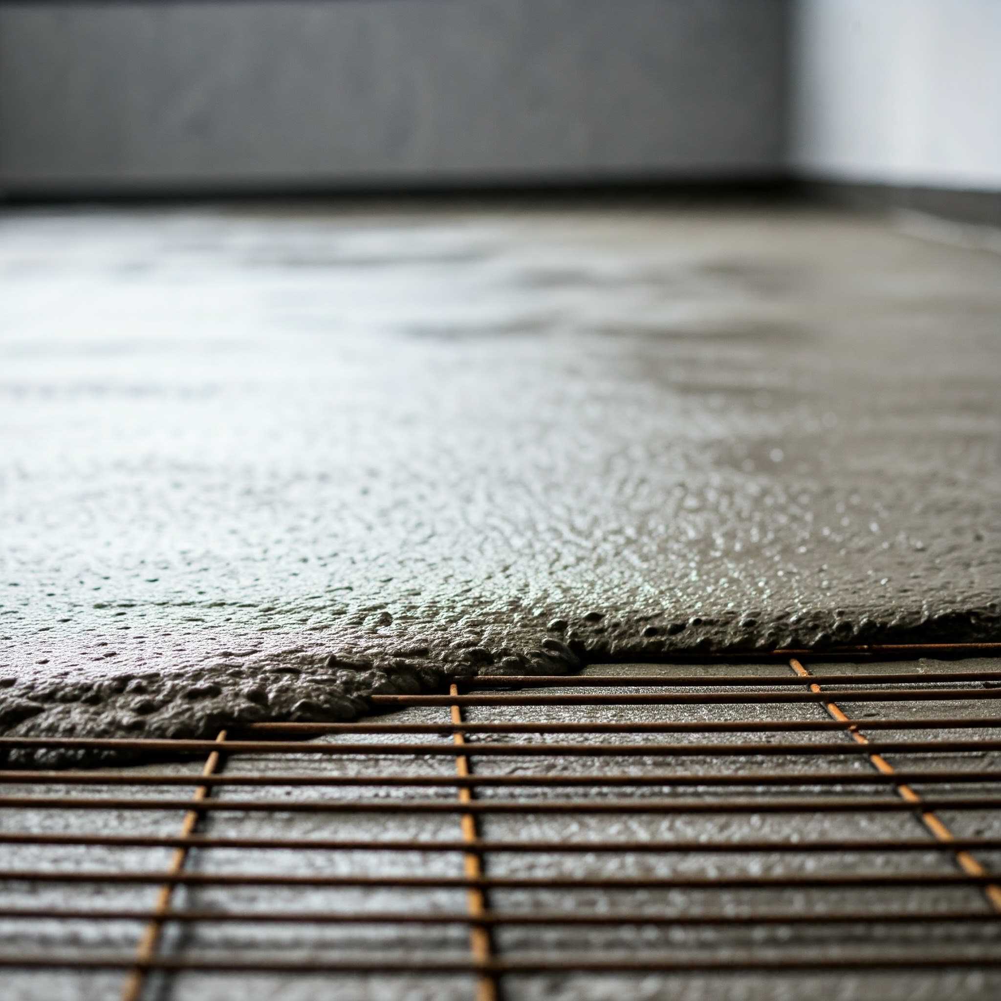 Полагане на армирана циментова замазка Детайл от готова армирана циментова замазка с видими стоманени армировъчни мрежи в апартамент