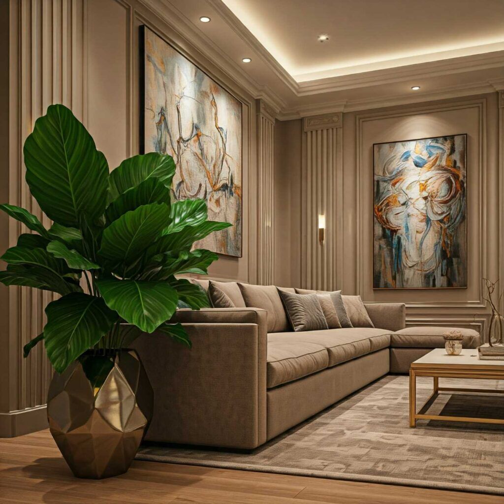 Елегантен интериорен дизайн след цялостен ремонт на апартамент Луксозен хол след ремонт на апартамент с декоративни стенни пана, LED осветление и дизайнерска мебелировка - пример за качествени услуги