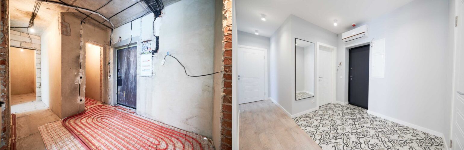 Основен ремонт на апартамент преди и след - цялостна реновация с модернизация на електроинсталация, интериорни врати, гладки стени и елегантен дизайн