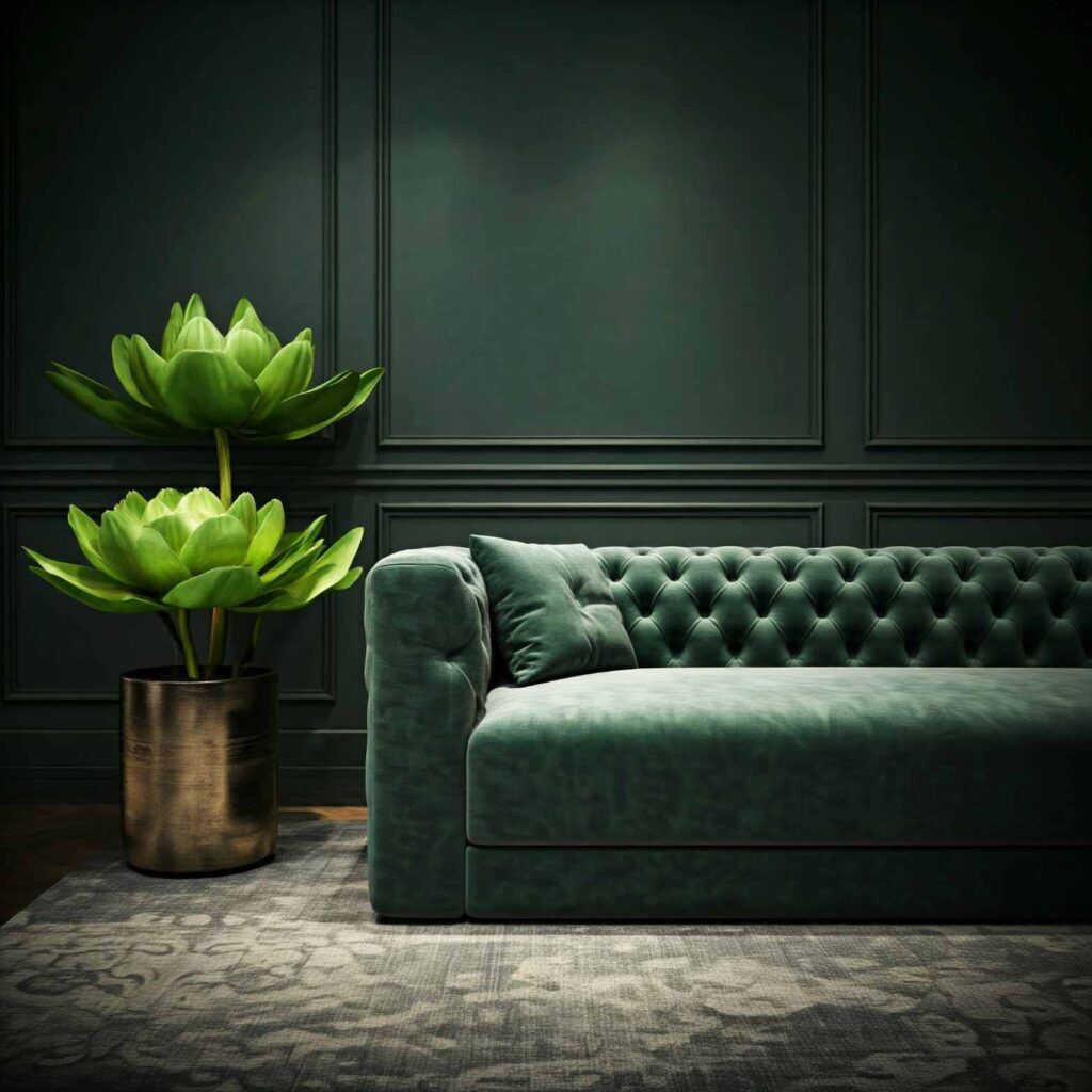 Елегантен интериор на стая от апартамент в тъмнозелено
